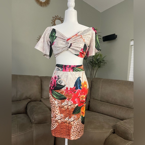 NEW 2pc Boho Tropical Off Shoulder Crop Top & High Waist Skirt Set Sz L Large - Picture 3 of 5